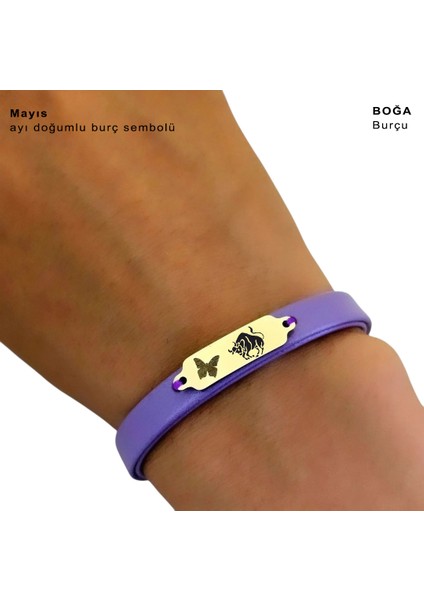 Altın Plakalı 14 Ayar Boğa Burçlarına Özel Doğal Mor Derili Kelebek Figürlü Hediye BILEKLIK-653BURÇ fırsatları
