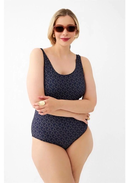 Kadın Lacivert Geometrik Desenli Büyük Beden Tek Parça Mayo fiyatları