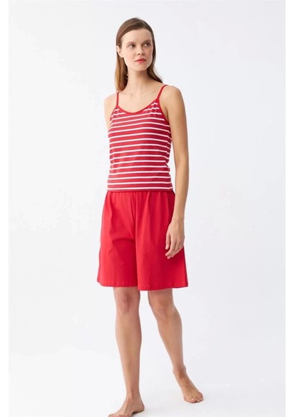 Kadın Ip Askılı Pamuk Penye Şortlu Takım Kırmızı fırsatları