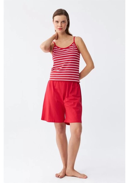 Kadın Ip Askılı Pamuk Penye Şortlu Takım Kırmızı indirimleri