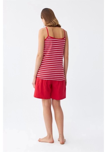 Kadın Ip Askılı Pamuk Penye Şortlu Takım Kırmızı