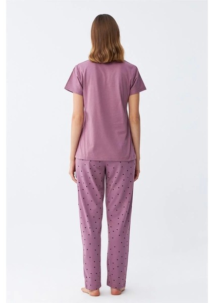 Kadın Mor Yıldız Desenli Penye Kısa Kol Pijama Takımı indirimleri