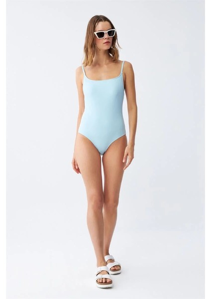 Kadın Buz Mavisi Ince Askılı Düz Tek Parça Mayo fiyatları