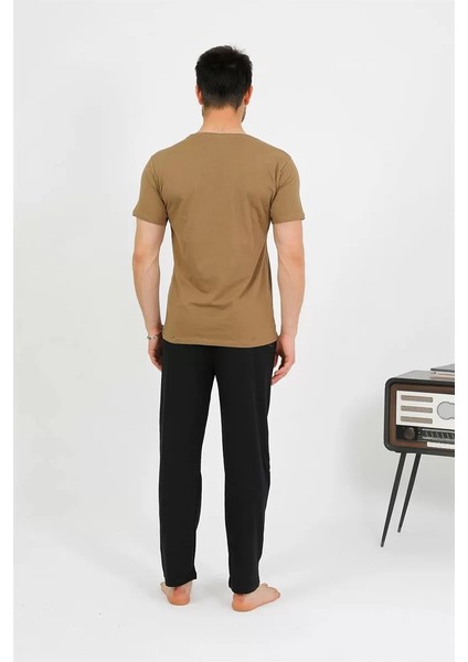 Erkek Pamuk Kısa Kol Pijama Takım Vizon