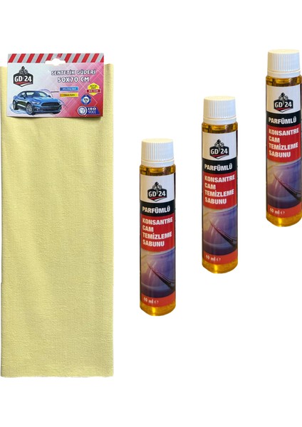 Sentetik Güderi Bez (1 Adet - 50 x 70 Cm) – GD24 Cam Temizleme Sabunu (3 Adet)