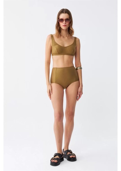 Kadın Basic Hardal Pedli Yüksek Bel Bikini Takımı