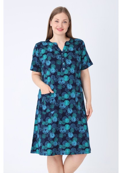 Lacivert Desenli V Yaka Düğme Detaylı Cepli Kısa Kollu Kadın Büyük Beden Pamuklu Elbise