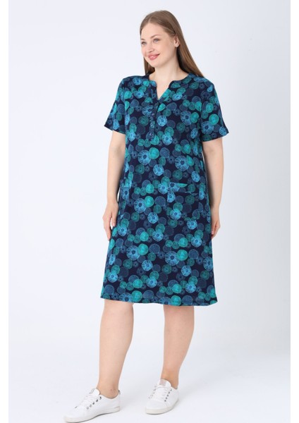 Lacivert Desenli V Yaka Düğme Detaylı Cepli Kısa Kollu Kadın Büyük Beden Pamuklu Elbise fiyatları
