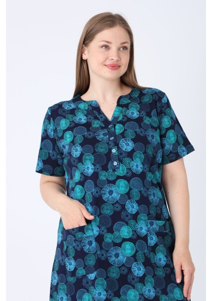 Lacivert Desenli V Yaka Düğme Detaylı Cepli Kısa Kollu Kadın Büyük Beden Pamuklu Elbise modelleri