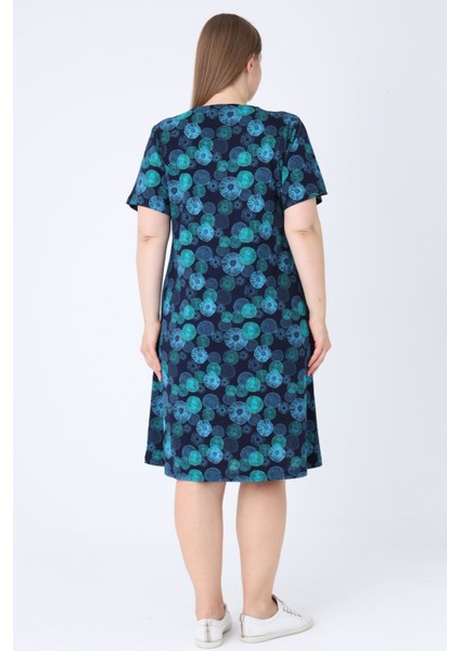 Lacivert Desenli V Yaka Düğme Detaylı Cepli Kısa Kollu Kadın Büyük Beden Pamuklu Elbise indirimleri