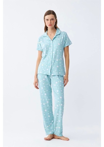 Kadın Buz Mavisi Yıldız Desenli Önden Düğmeli Pijama Takımı indirimleri