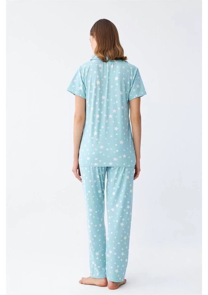 Kadın Buz Mavisi Yıldız Desenli Önden Düğmeli Pijama Takımı