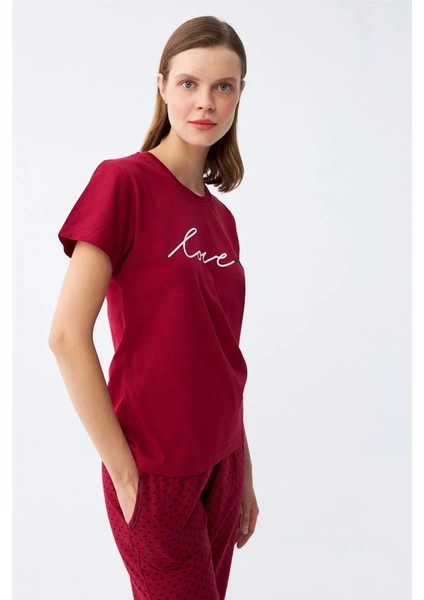 Kadın Bordo Kalp Desenli Kapri Pijama Takımı fiyatları