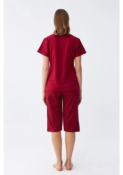 Kadın Bordo Kalp Desenli Kapri Pijama Takımı fırsatları