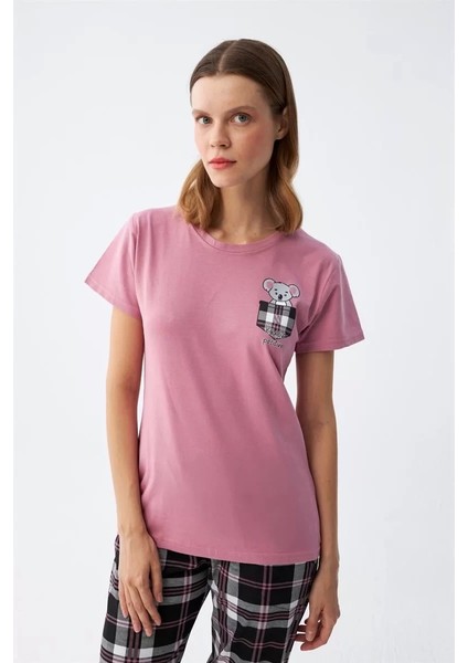 Kadın Somon Ayıcık Baskılı Ekoseli Penye Pijama Takımı fiyatları