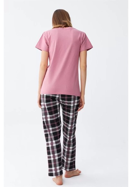 Kadın Somon Ayıcık Baskılı Ekoseli Penye Pijama Takımı