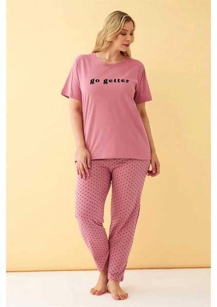Kadın Somon Go Getter Yazılı Büyük Beden Pijama Takımı