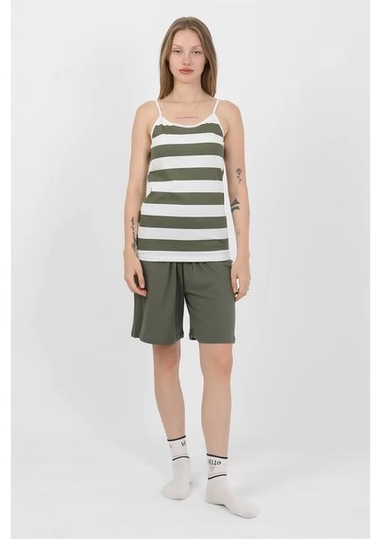 Kadın Ip Askılı Pamuk Penye Şortlu Takım Haki fırsatları