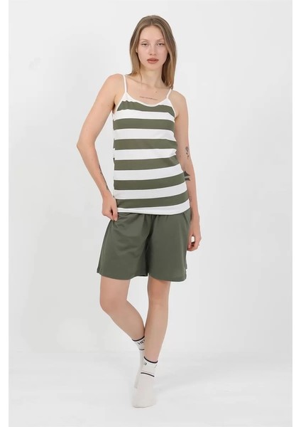 Kadın Ip Askılı Pamuk Penye Şortlu Takım Haki