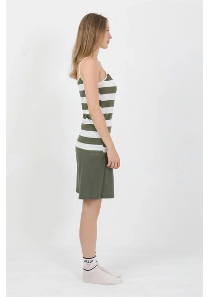 Kadın Ip Askılı Pamuk Penye Şortlu Takım Haki