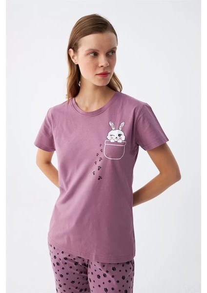 Kadın Mor Patili Tavşan Baskılı Cepli Pijama Takımı fiyatları