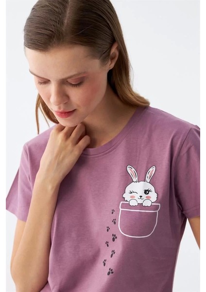 Kadın Mor Patili Tavşan Baskılı Cepli Pijama Takımı modelleri