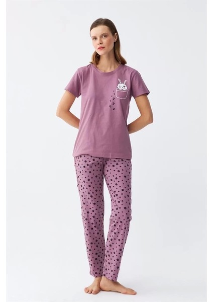 Kadın Mor Patili Tavşan Baskılı Cepli Pijama Takımı indirimleri