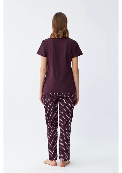 Kadın Mürdüm Papatya Baskılı Kısa Kollu Penye Pijama Takımı indirimleri