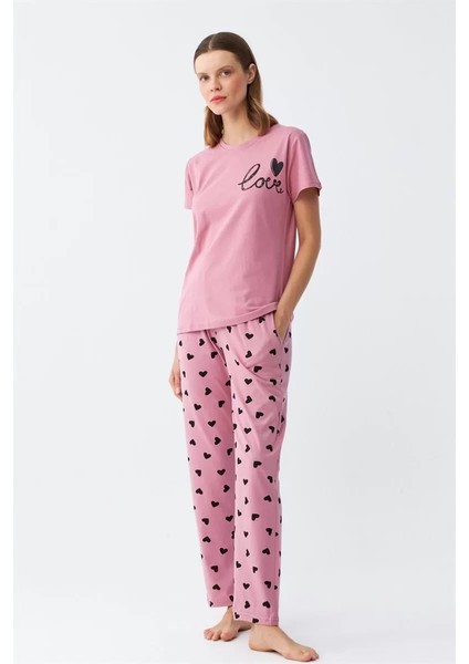 Kadın Somon Kalp Desenli Kısa Kollu Penye Pijama Takımı