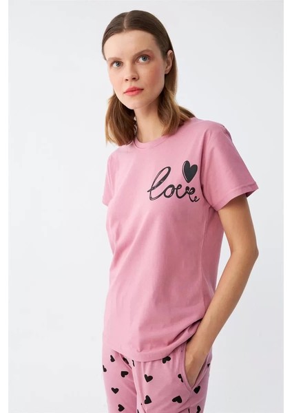 Kadın Somon Kalp Desenli Kısa Kollu Penye Pijama Takımı indirimleri