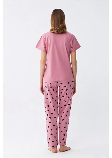 Kadın Somon Kalp Desenli Kısa Kollu Penye Pijama Takımı