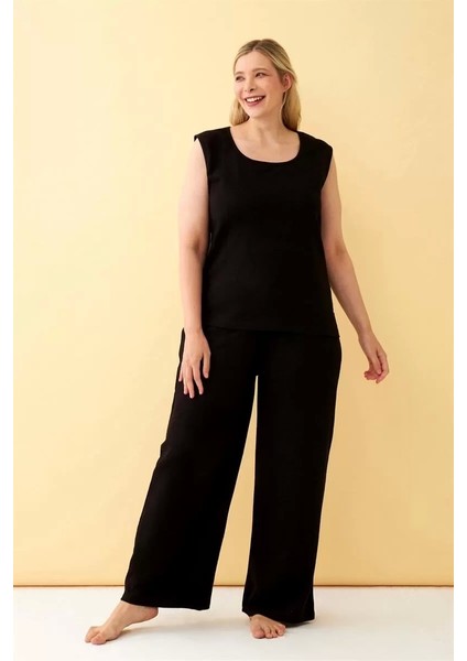 Kadın Siyah Keten Jakarlı Büyük Beden Alt Üst Takım