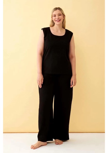 Kadın Siyah Keten Jakarlı Büyük Beden Alt Üst Takım modelleri