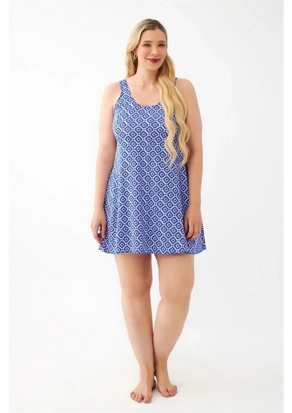 Kadın Mavi Desenli Büyük Beden Elbise Mayo