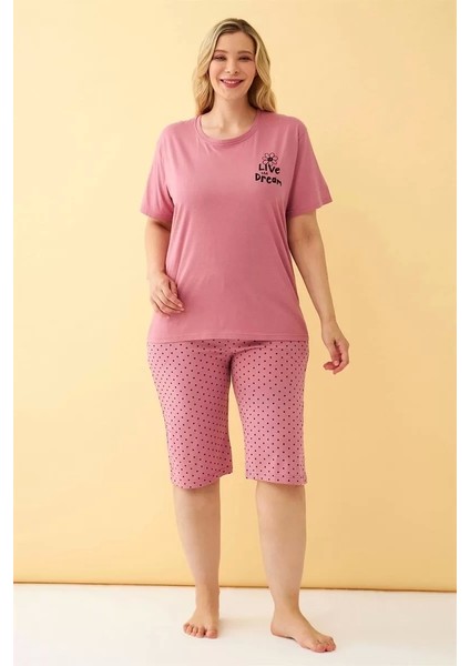 Kadın Somon “live The Dream” Yazılı Büyük Beden Kapri Pijama Takımı