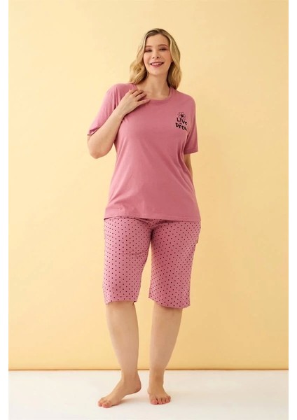 Kadın Somon “live The Dream” Yazılı Büyük Beden Kapri Pijama Takımı fırsatları