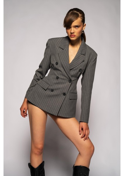 Kadın Gri Pens Detaylı Çizgili Blazer