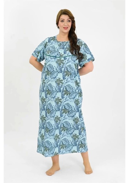 Kadın Büyük Beden Kısa Kol Mavi Anne Gecelik