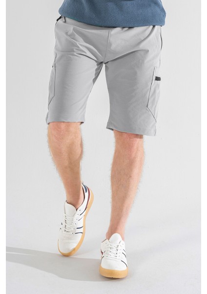 Erkek Açık Gri Nefes Alan Likralı Kumaş 5 Cepli Outdoor Kargo Kapri Şort