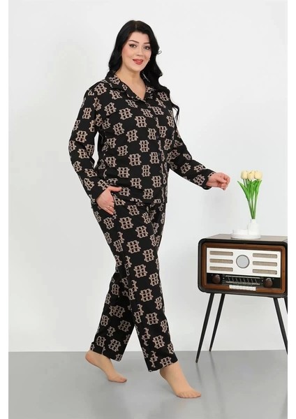 Kadın Büyük Beden Pamuklu Cepli Düğmeli Siyah Pijama Takım