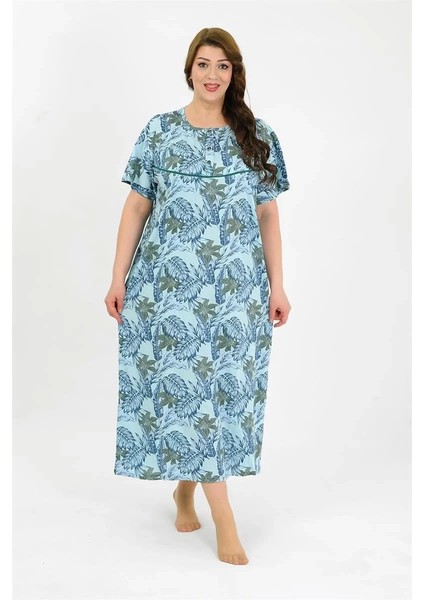 Kadın Büyük Beden Kısa Kol Mavi Anne Gecelik