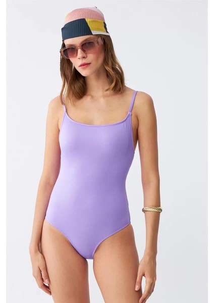 Kadın Lila Minimal Askılı Tek Parça Mayo
