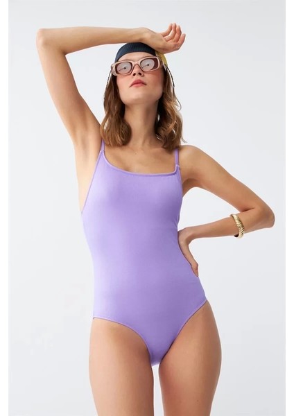 Kadın Lila Minimal Askılı Tek Parça Mayo indirimleri