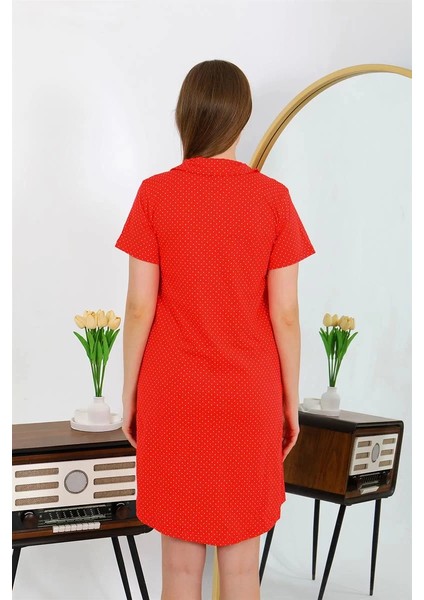 Kadın Pamuk Penye Kısa Kol Düğmeli Kırmızı Tunik Gecelik