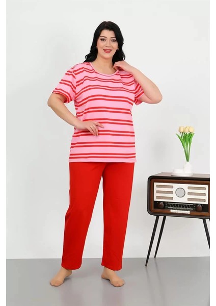 Kadın Büyük Beden Kısa Kol Penye Pijama Takımı Kırmızı
