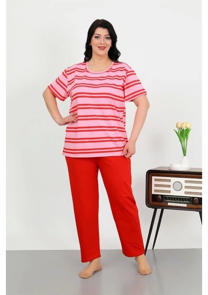Kadın Büyük Beden Kısa Kol Penye Pijama Takımı Kırmızı fiyatları