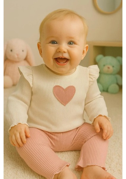 Kız Bebek Kalp Desenli 2 Li Mevsimlik Alt Üst Ribana Takım