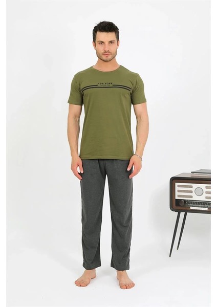 Erkek Pamuk Kısa Kol Pijama Takım Haki