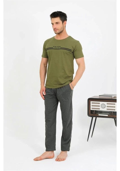 Erkek Pamuk Kısa Kol Pijama Takım Haki indirimleri