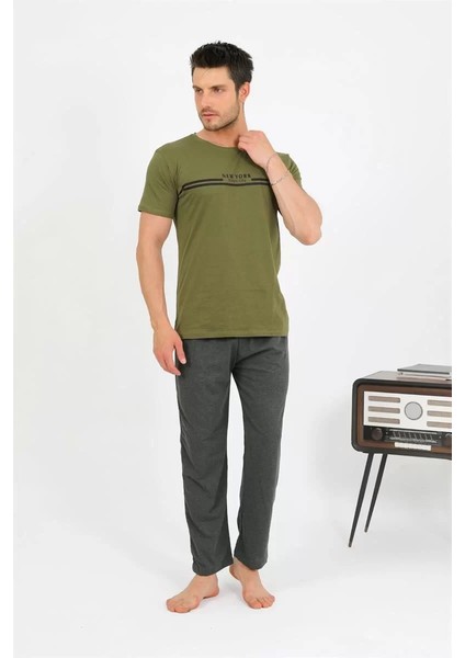 Erkek Pamuk Kısa Kol Pijama Takım Haki
